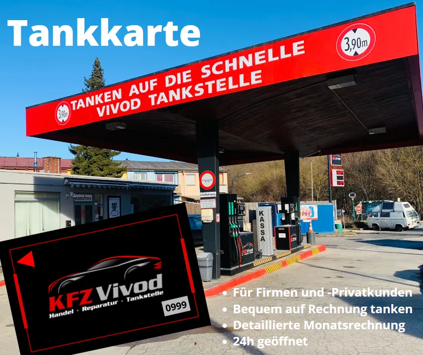 Vivod-Tankkarte vor der Tankstelle: schwarze Karte mit KFZ-Vivod-Logo